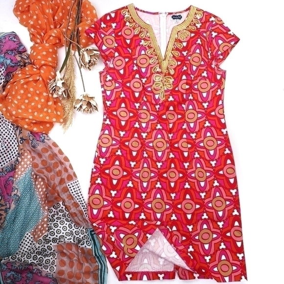 Mudpie Red Gold Embroidered Dress Sz M - Picture 11 of 16